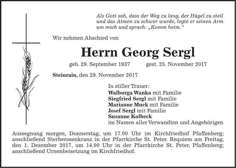 Traueranzeige Georg Sergl