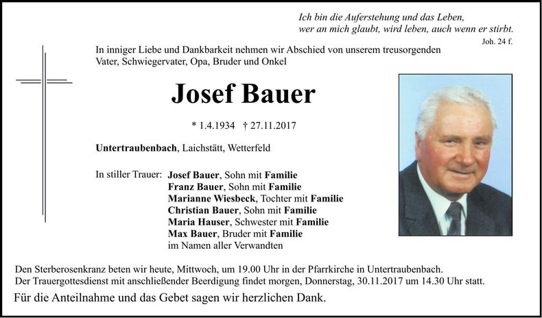 Traueranzeige Josef Bauer