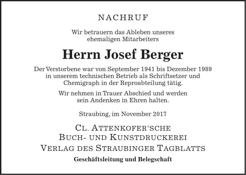 Traueranzeige Josef Berger