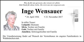 Traueranzeige Inge Wensauer