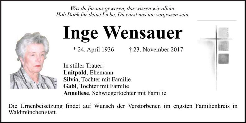 Traueranzeige Inge Wensauer