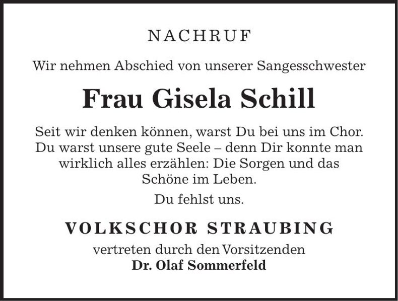Traueranzeige Gisela Schill