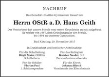 Traueranzeige Hans Geith