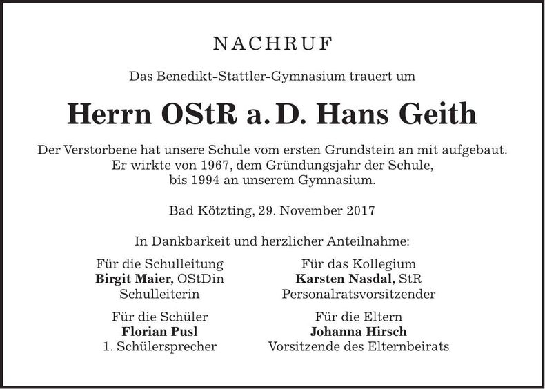 Traueranzeige Hans Geith