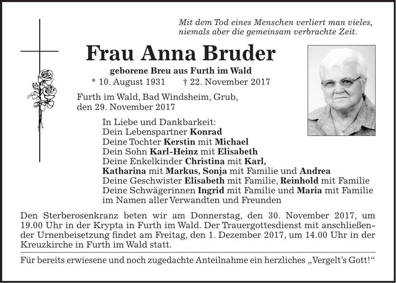 Traueranzeige Anna Bruder