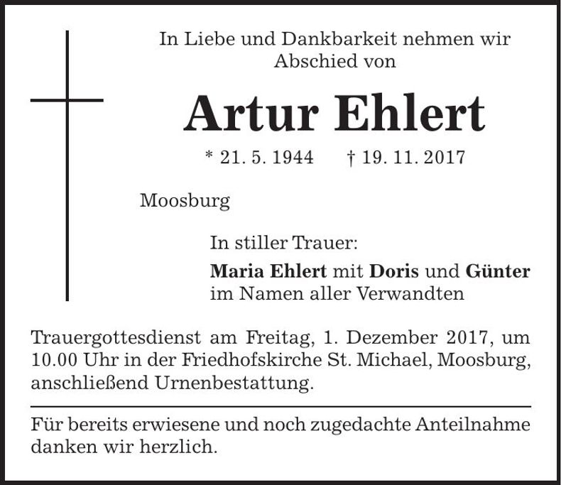 Traueranzeige Artur Ehlert