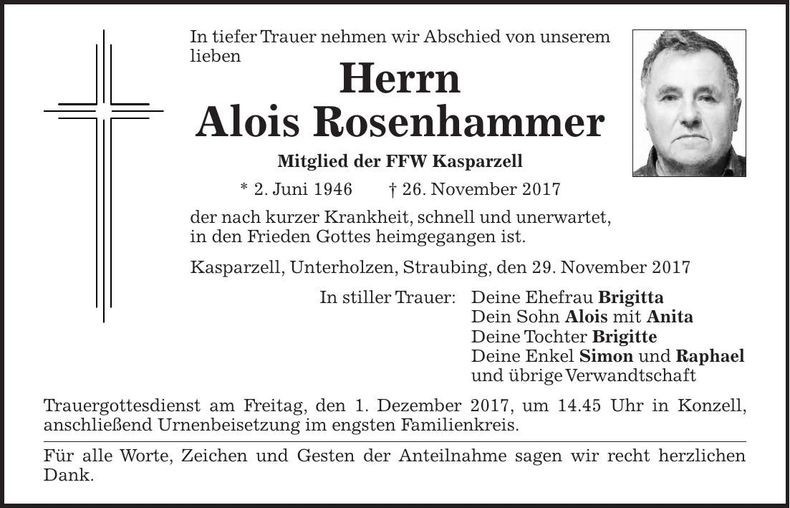 Traueranzeige Alois Rosenhammer