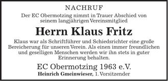 Traueranzeige Klaus Fritz