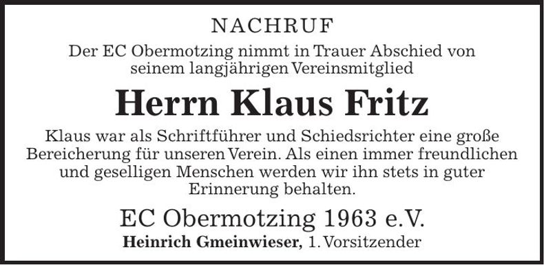Traueranzeige Klaus Fritz