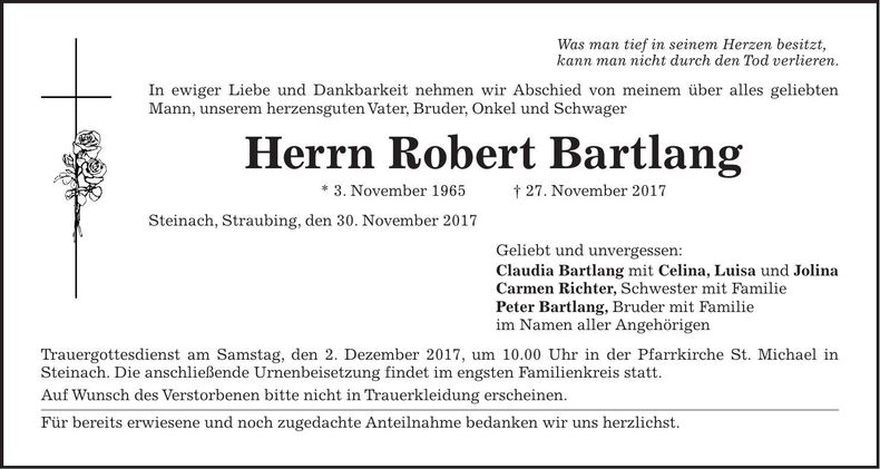 Traueranzeige Robert Bartlang