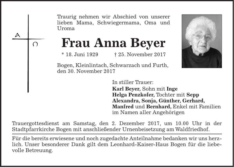 Traueranzeige Anna Beyer