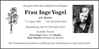 Traueranzeige Inge Vogel