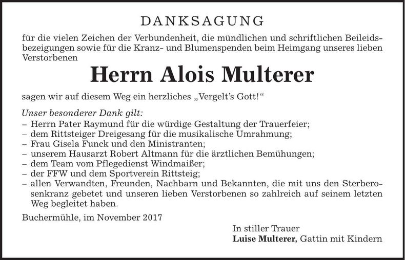 Traueranzeige Alois Multerer