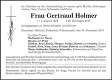 Traueranzeige Gertraud Holmer
