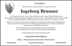 Traueranzeige Ingeborg Brunner