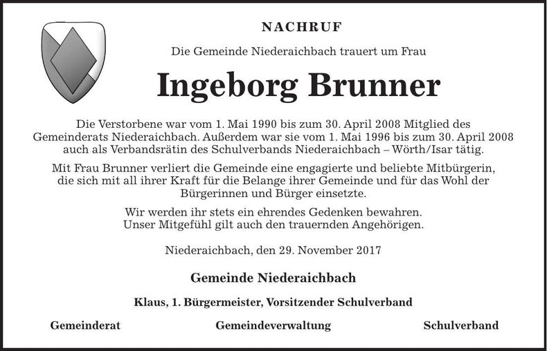 Traueranzeige Ingeborg Brunner