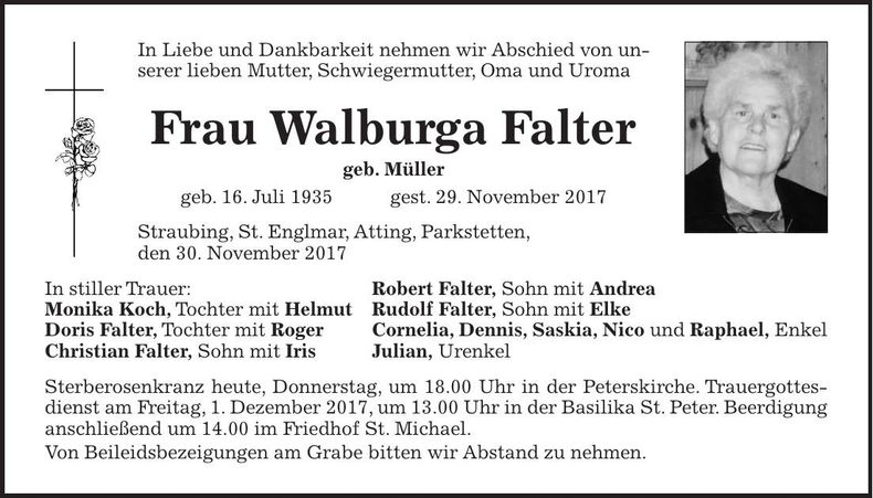 Traueranzeige Walburga Falter