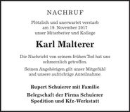 Traueranzeige Karl Malterer