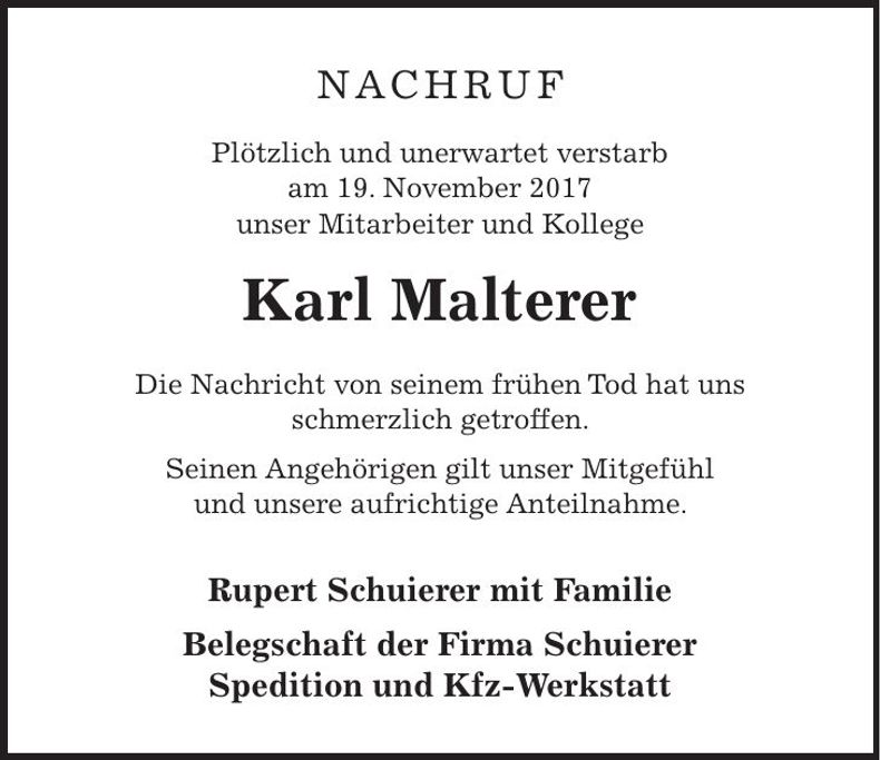 Traueranzeige Karl Malterer