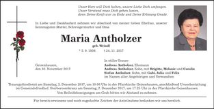 Traueranzeige Maria Antholzer