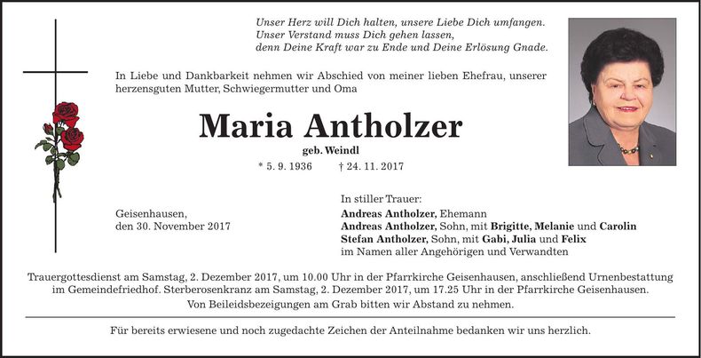 Traueranzeige Maria Antholzer
