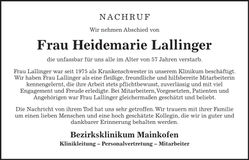 Traueranzeige Heidemarie Lallinger