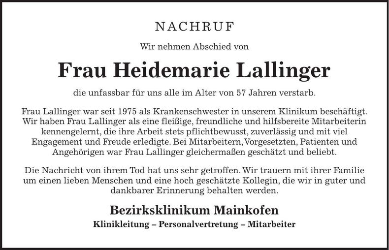 Traueranzeige Heidemarie Lallinger