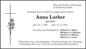 Traueranzeige Anna Lorber