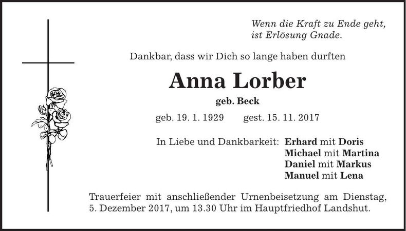 Traueranzeige Anna Lorber
