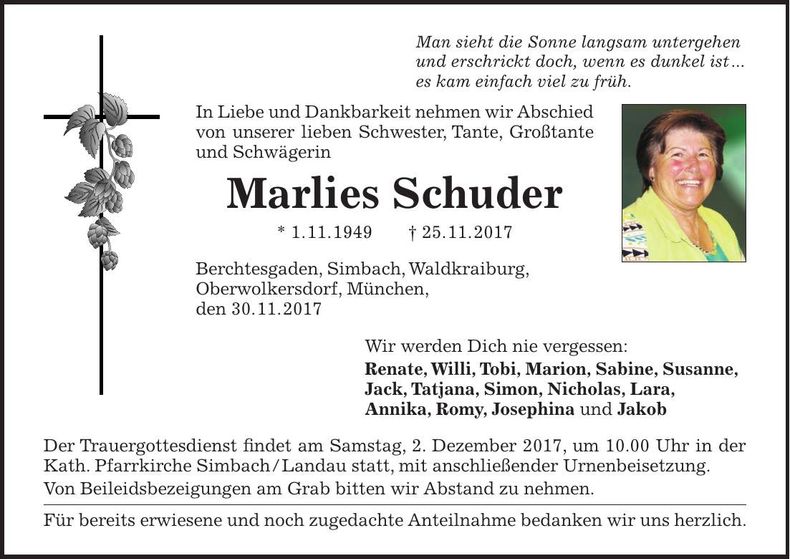Traueranzeige Marlies Schuder