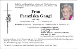 Traueranzeige Franziska Gangl