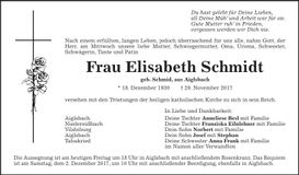 Traueranzeige Elisabeth Schmidt