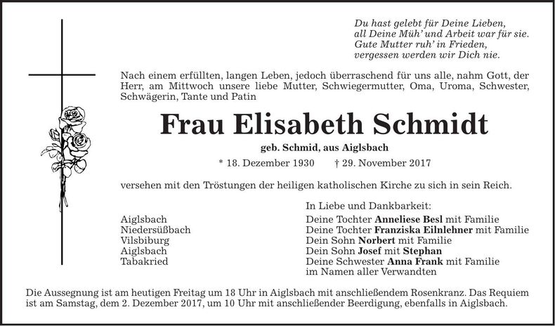 Traueranzeige Elisabeth Schmidt