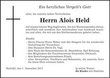 Traueranzeige Alois Held
