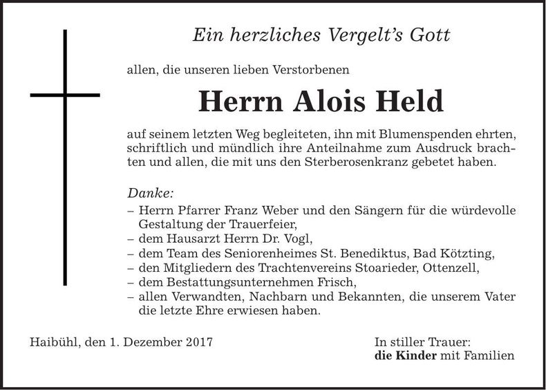 Traueranzeige Alois Held