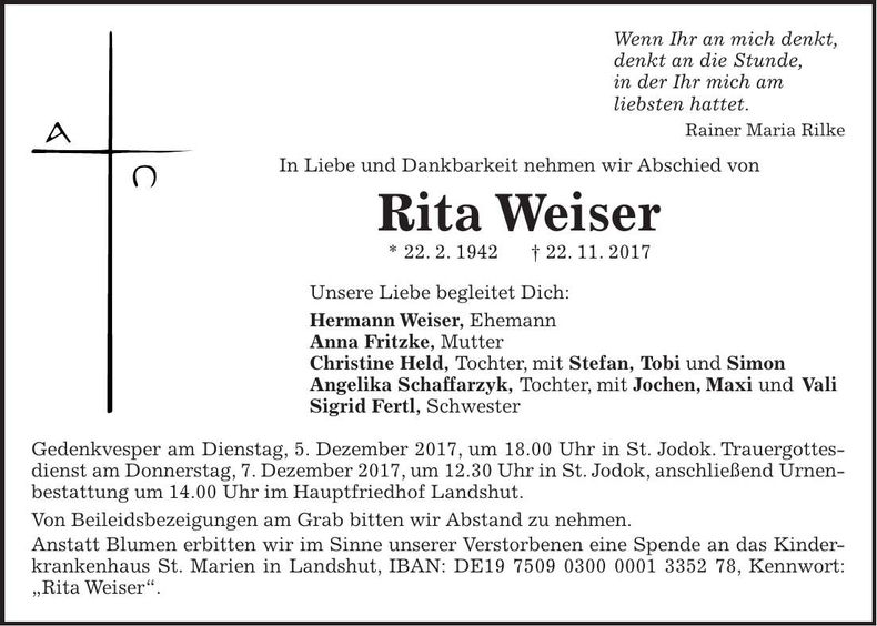 Traueranzeige Rita Weiser