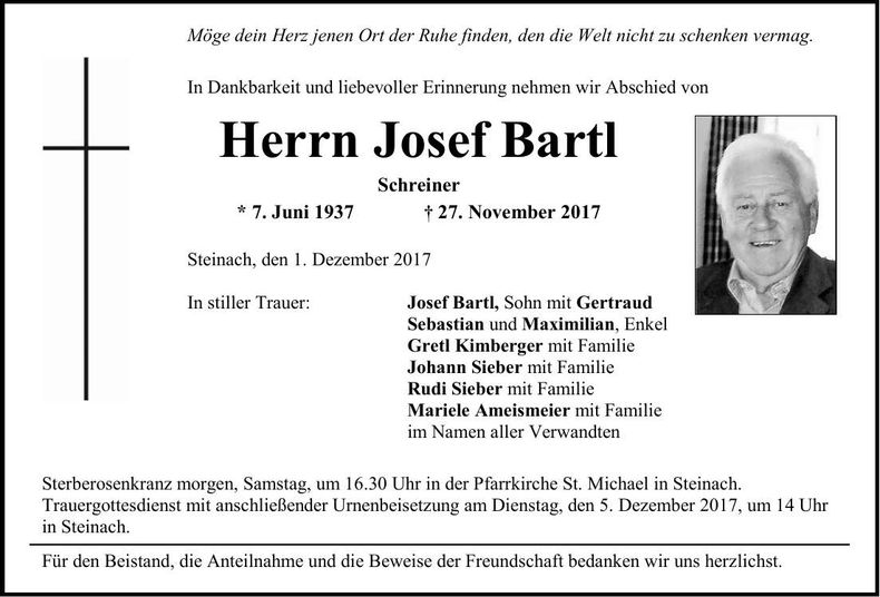 Traueranzeige Josef Bartl