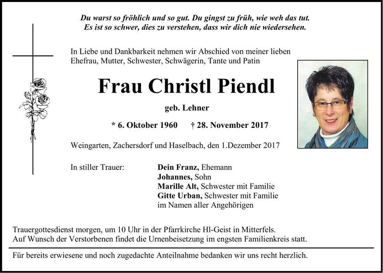 Traueranzeige Christl Piendl