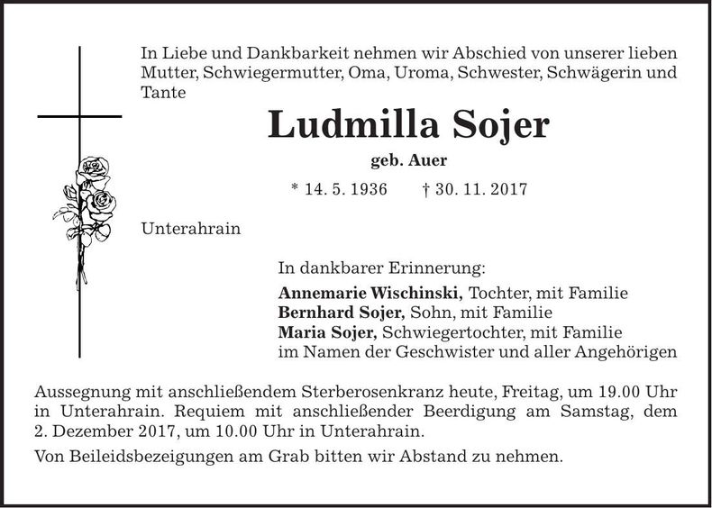 Traueranzeige Ludmilla Sojer