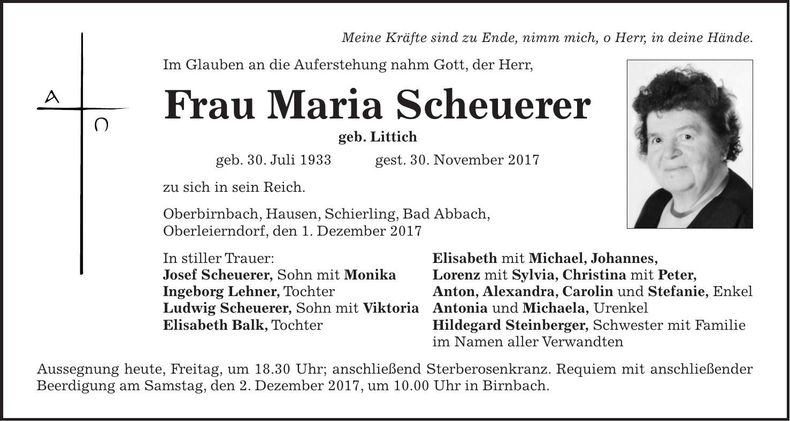 Traueranzeige Maria Scheuerer