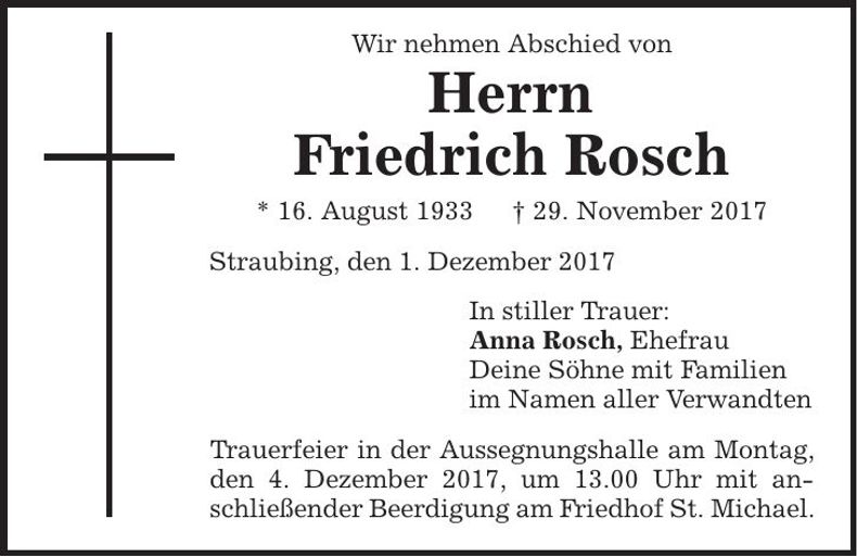 Traueranzeige Friedrich Rosch