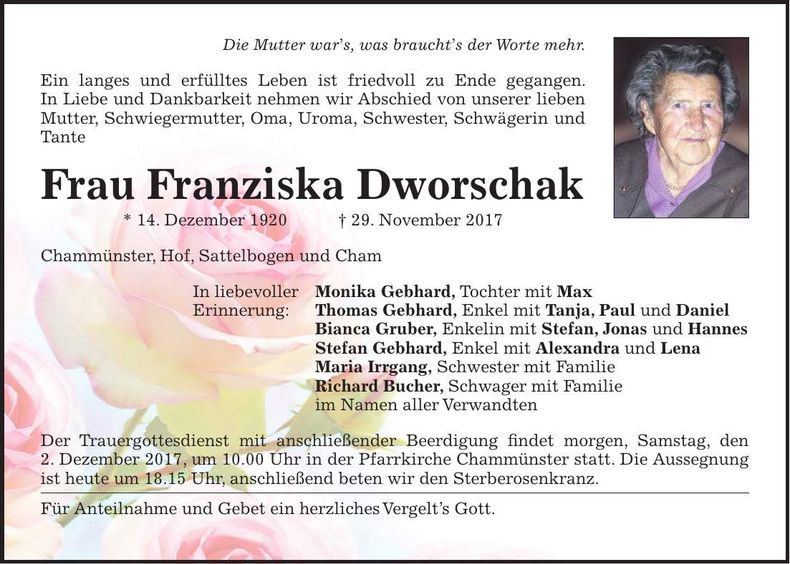 Traueranzeige Franziska Dworschak