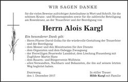 Traueranzeige Alois Kargl