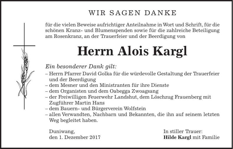 Traueranzeige Alois Kargl