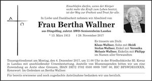 Traueranzeige Bertha Wallner