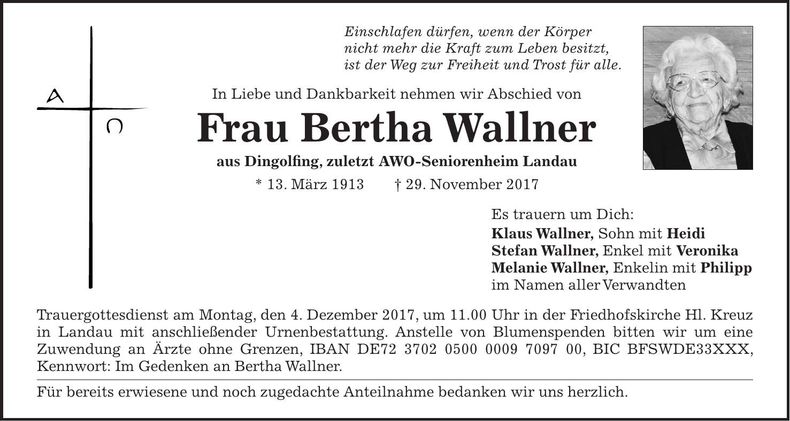 Traueranzeige Bertha Wallner