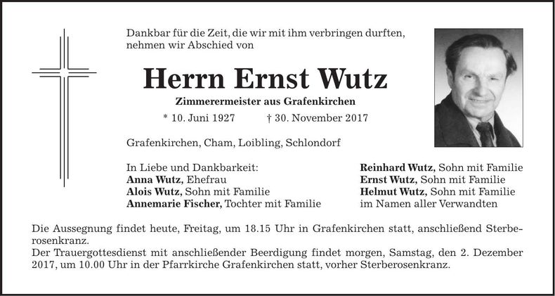 Traueranzeige Ernst Wutz
