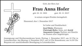 Traueranzeige Anna Hofer