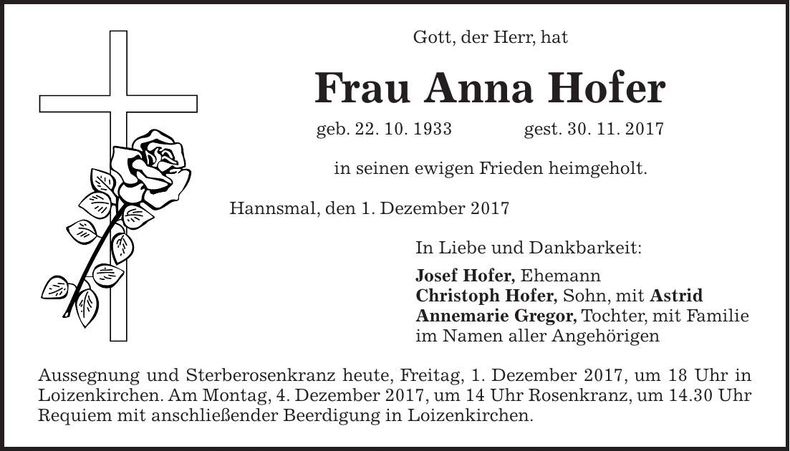 Traueranzeige Anna Hofer