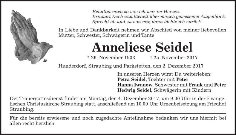 Traueranzeige Anneliese Seidel